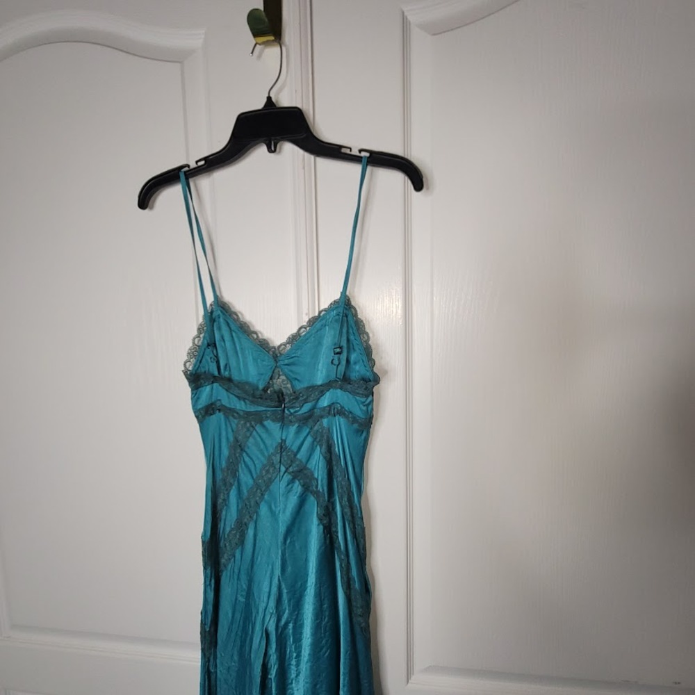 Vintage Turquoise Teal Silk Beaded Halter Slip Dress Size Medium - Picture 4 of 7